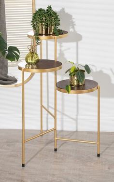 three tiered gold metal plant stand with plants on each side and a mirror in the background