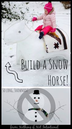 a child riding on the back of a white horse in the snow with text overlay reading build a snow horse 50 long, snowman