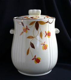 a white pot with colorful leaves painted on the front and sides, sitting against a black background