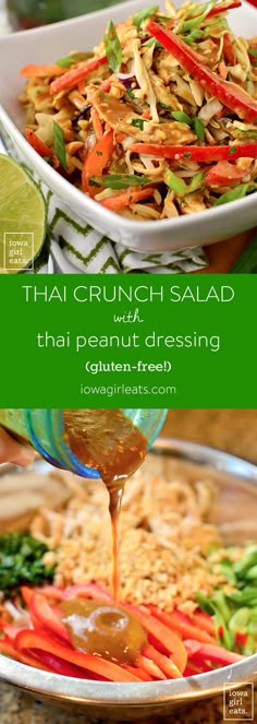 thai salad with peanut dressing being drizzled over it