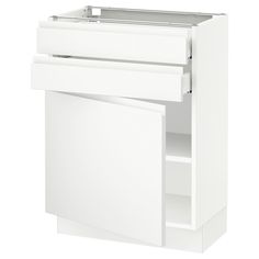 a white cabinet with two doors and one drawer on the bottom, is shown in front of a white background