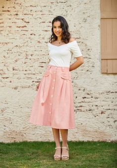 Effortless Feature A-Line Skirt Pink Midi Skirt Outfit, Midi Skirt Outfits Summer, Skirt Outfit Summer, Feminine Casual, Pink Midi Skirt, Girls Attire, Southern Outfits, Midi Skirt Outfit, Feminine Blouses