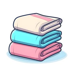 three blankets stacked on top of each other in different colors and sizes, with one folded up