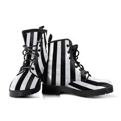 Men's/Women's Vegan Boots Black and white stripes ♥ See our other striped items here: https://www.etsy.com/shop/BlueStarTrader?search_query=stripe When did you last feel that your shoes help express your personality? Or when is the last time you were complimented on your shoes? If this isn't often, then read on... Most local shoe stores don't carry footwear with designs as unique as this. In fact, you can't buy these anywhere else. This design unique with black and white checkered design on both Beetlejuice Costume, Shoe Stores, Goth Boots, Races Style, Combat Style, Boots Combat, Striped Shoes, Checkered Design, Vegan Boots