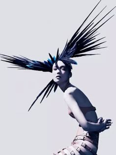 a woman with black hair and feathers on her head standing in front of the sky