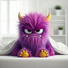 a purple stuffed animal sitting on top of a bed