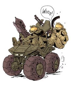 a drawing of an army vehicle with two soldiers riding on it's front wheels