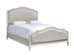 a bed with white linens and pillows on top of the headboard, in front of a white background