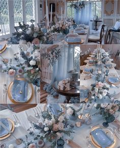 the table is set with blue and white flowers, candles, plates and napkins