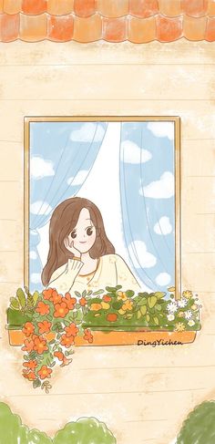 a drawing of a woman sitting in a window sill with flowers on the ledge