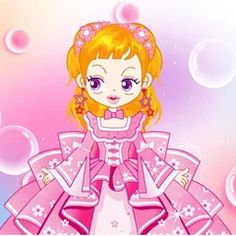 a girl in a pink dress with bubbles around her