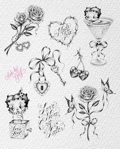 some tattoos that are on the back of a sheet of paper with roses and hearts