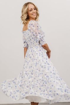 Modest Blue Midi Dress With Floral Print, Blue And White Floral Bridesmaid Dresses, Spring Blue Floral Maternity Dress, Summer Blue Floral Maternity Dress, Light Blue A-line Midi Dress With Floral Print, Blue Floral Print Maternity Dress, Floral Bridesmaid Dresses, Bridal Shower Dress, Dress Dusty