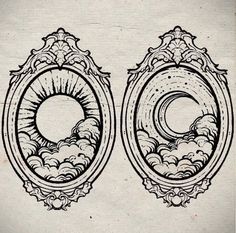 an artistic drawing of two oval mirrors with clouds in the middle and one on top