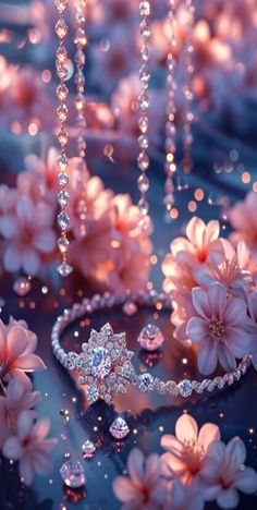 pink flowers and pearls are on the ground with beads hanging from it's sides