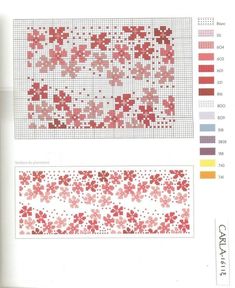 the cross stitch pattern is shown with different colors and patterns for each piece, including red flowers