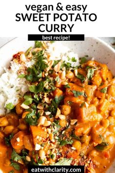 vegan and easy sweet potato curry recipe in a white bowl with rice on the side