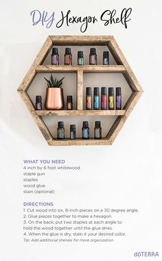 the diy hexagon shelf is filled with essential oils