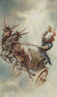 two people are riding in a horse drawn carriage through the sky with horns on their heads