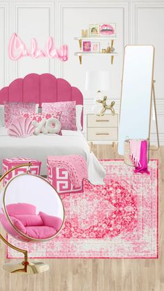 a bedroom with pink furniture and accessories on the floor, along with a large mirror