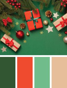 the color scheme is green, orange and red with presents on it's side