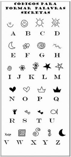 the alphabet is shown in black and white, with different symbols for each letter on it