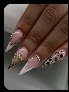 Dumbo Nail Designs, Stiletto Nails Cheetah, Leopard Print Stiletto Nails, Black And Gold Leopard Nails, Animal Print Nails French Tip, Long Almond French Tip Nails With Design, Criss Cross Nail Design, Cheetah Design Nails, Stiletto Cheetah Nails