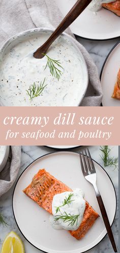 two plates with salmon and cream sauce on them