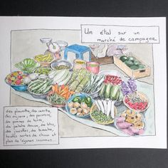 a drawing of a table full of different types of fruits and vegetables, with the words un etal sur un ranche de campagne on it