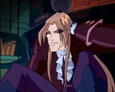 an anime character with long blonde hair sitting in a chair and looking at the camera