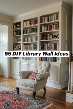 a chair sitting in front of a book shelf filled with books