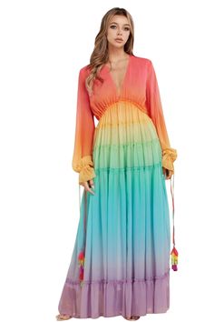 Pastel ombre tiered chiffon maxi dress. Slip on V neck Empire waist/ elasticized Relaxed fit Bubble sleeves Functional drawstring cuffs Skirt lining Billowy hemline Imported Order ships within 24-48 hours Pastel Ombre, Ombre Maxi Dress, Ombre Fashion, Diy Clothes Design, Dress Slip, Rainbow Dress, Chiffon Maxi, Chiffon Maxi Dress