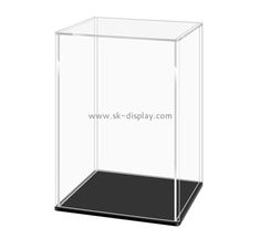 a glass display case with black base and bottom, is shown in the shape of a square