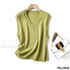 Olivia Mark - Design-inspired Wool Blend Knitted Vest Sleeveless Woolen Tank Top Green V-neck Sweater Vest For Summer, Green Casual Vest For Fall, Casual Green Vest For Fall, Green V-neck Tank Top For Fall, Green V-neck Vest For Winter, Casual Green Sleeveless Vest, Green Tank Top For Spring Layering, Casual Green Vest For Layering, Green Knit Sleeveless Vest