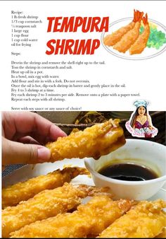 the recipe for tempura shrimp is shown in an advertisement with pictures and instructions