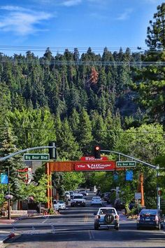 cars are driving down the road under an overpass with trees on both sides and mountains in the background