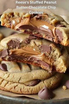 peanut butter chocolate chip cookies stacked on top of each other