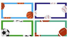 four different frames with sports balls and basketballs on the sides, one for each frame