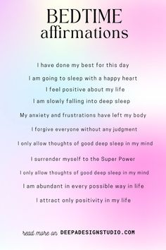 the bedtime affirmations poem is shown in pink, blue and purple tones