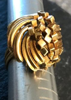 "18K (750 stamp) ring, modernist, constructive, Sculptural Mid Century ring.  Size 5 3/4, 7/8\"(22mm)-north to south on finger, 1/2\" high, wt. heavy 12.3 grams  This is a golden wearable work of art.  Condition I see no problems.  One of a kind hand wrought, great yellow gold color, so much movement and intriguing detailing-look at pictures for detailing.  It does have a makers mark I don't know this European designers( I believe) mark." Stamp Ring, Sculptural Ring, Yellow Gold Color, Stamped Rings, Sterling Silver Rings Bands, Silver Jewels, Diamond Cocktail Rings, Silver Band Ring, Cz Ring