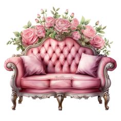 a pink couch with roses on the back