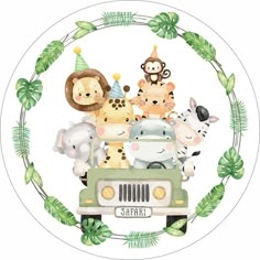 an animal themed birthday card with animals in the back of a jeep surrounded by greenery