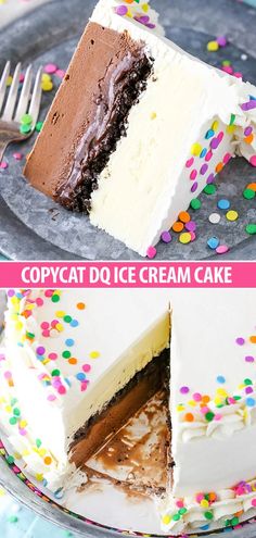 two different types of ice cream cake with sprinkles on the top and bottom