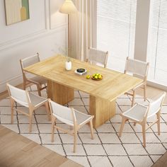 a wooden table with chairs around it in a living room next to a white rug