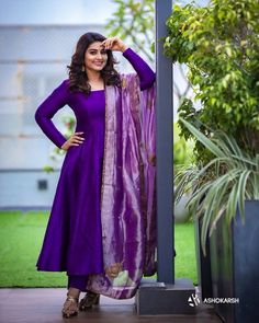 sneha prasanna in violet anarkali by geetha haute couture Violet Anarkali, Sneha Prasanna, Silk Kurti Designs, Simple Frock Design, Churidar Designs