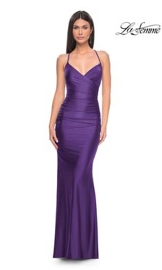 Embrace contemporary elegance in this sleek long prom dress 31618 from La Femme. Effortlessly sexy, this long designer dress is a faux-wrap style from the v-neckline to the hip, while thin shoulder straps create an eye-catching statement as they criss cross the open back. So chic for prom, galas, and other black-tie events, this long formal dress smooths over the hips before flowing into a sweep train that is pure sophistication. The epitome of modern glamour, this strappy open-back long prom dr Royal Purple Prom Dress, Long Jersey Dress, Jersey Prom Dress, Sweetheart Neckline Dress, Prom Designs, Designer Prom Dresses, Black Prom, Prom Girl, Royal Purple