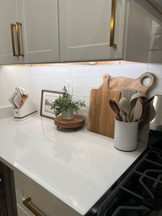 the kitchen counter is clean and ready to be used as an appliance for cooking