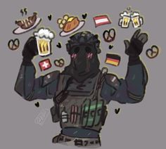 a drawing of a man with many different foods and drinks around him, including pretzels