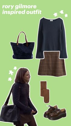 Rory Gilmore style, Rory Gilmore outfit, Rory Gilmore aesthetic, cute fall outfit, fall outfit inspo, fall outfit with brown accents, cute fall school outfit, back to school outfit, warm and cozy outfit, Gilmore girls style, Gilmore girls aesthetic, easy outfit, casual outfit inspo, uni outfit, university outfit, high school outfit, day out in the town outfit. 🤍 to get this look: blue sweater, brown plaid skirt, brown stockings/leggings, brown shoes, big dark blue shoulder bag. Warm Day Fall Outfits, Brown Plaid Skirt Outfit, Fall Outfit Inspired, Plaid Skirt Brown, Gilmore Girls Style, Big Sweater Outfit, Brown Skirt Outfit, Rory Gilmore Aesthetic, Brown Plaid Skirt