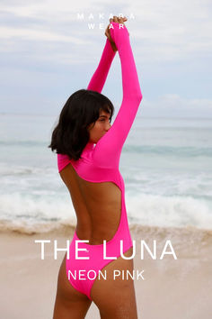 Complete your look with our versatile long sleeve swimsuit. You can wear our one piece swimwear as active wear on the beach or around the pool, like while surfing. Or steel the show with a surfer style  look on a pool party or beach party. You can shop our sustainable women's fashion here: Finger Loop Sleeves, Dance Bodysuit, Neon Swimsuit, Pool Party Outfits, Long Sleeve Swimwear, Summer Style Guide, Surfer Girl Style, Sleeve Swimsuit, Surfer Style